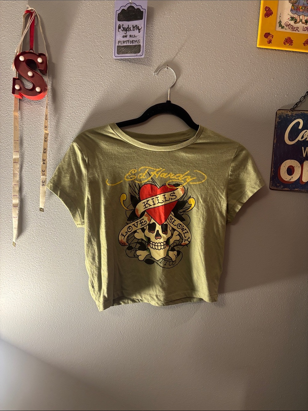 Ed Hardy Olive Green Graphic Crop Tee with Red Heart & Skull